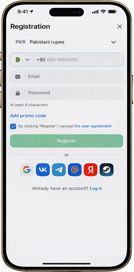 1win registration process 1win Pakistan registration form displaying account creation with Pakistani rupee selection, phone or email entry, password setup, and promo code option