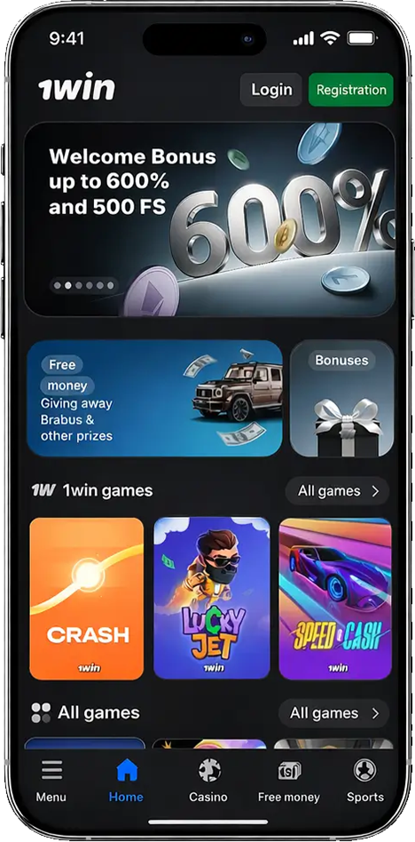 Step 1 โ iOS App Install 1win Pakistan iOS app installation screen showing a welcome bonus offer and instructions to start adding the official casino app to the iPhone home screen