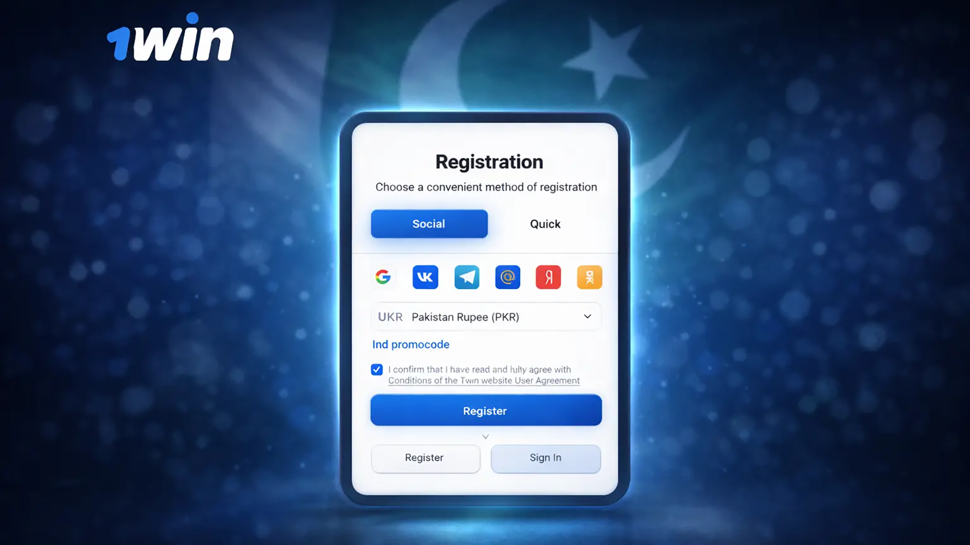 1win Pakistan registration form showing quick sign up options and secure account creation for online casino and betting players