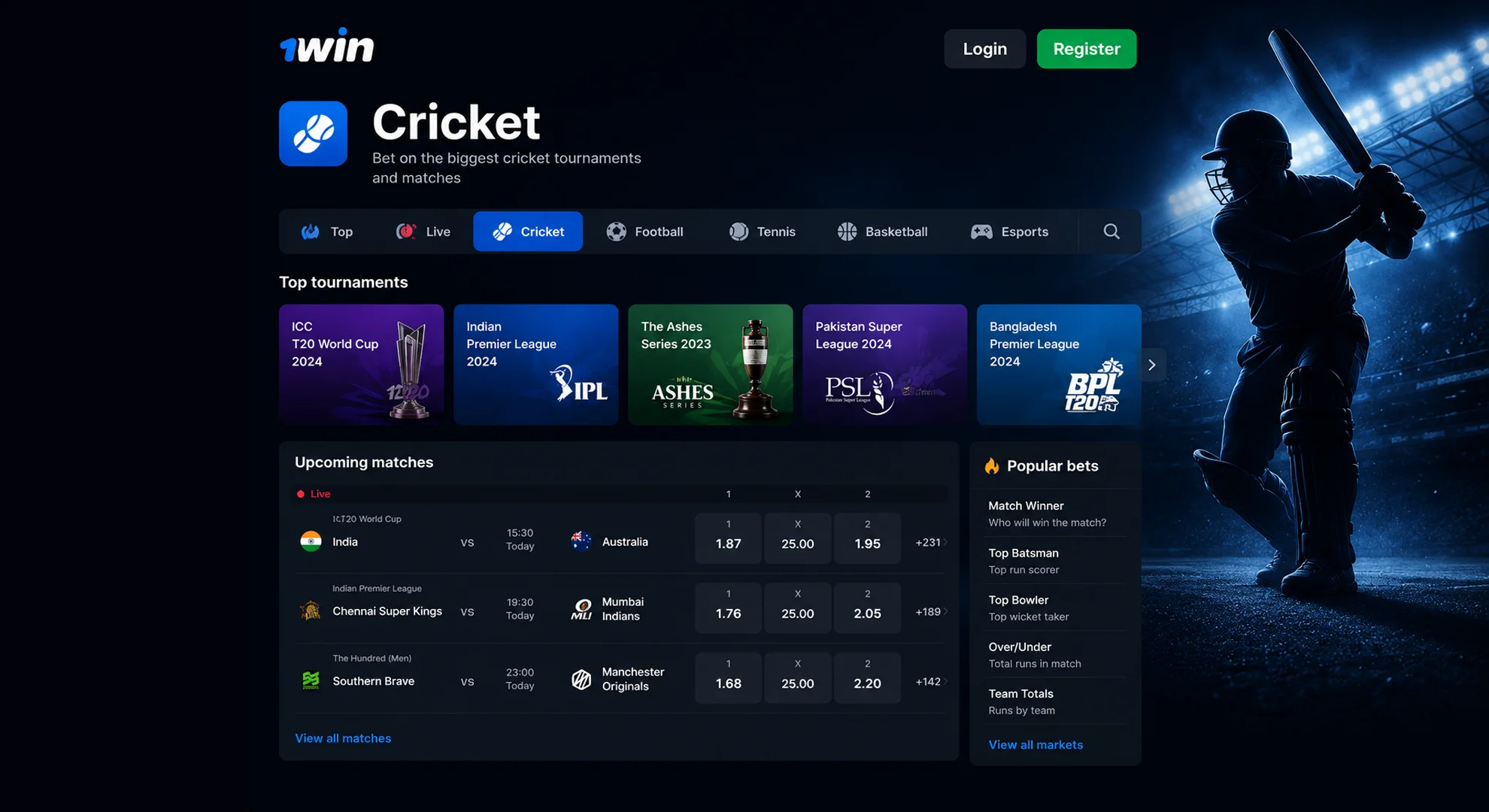 High odds for 1win Cricket bets.