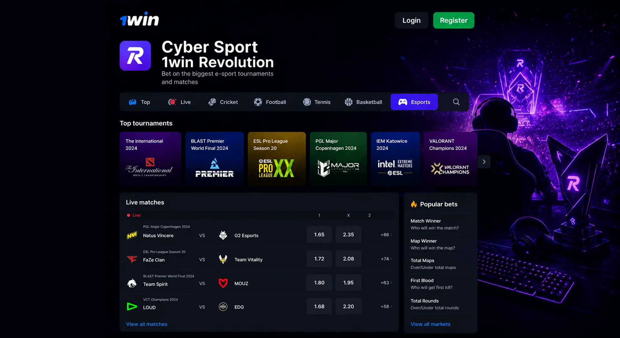 High odds for 1win esport bets.