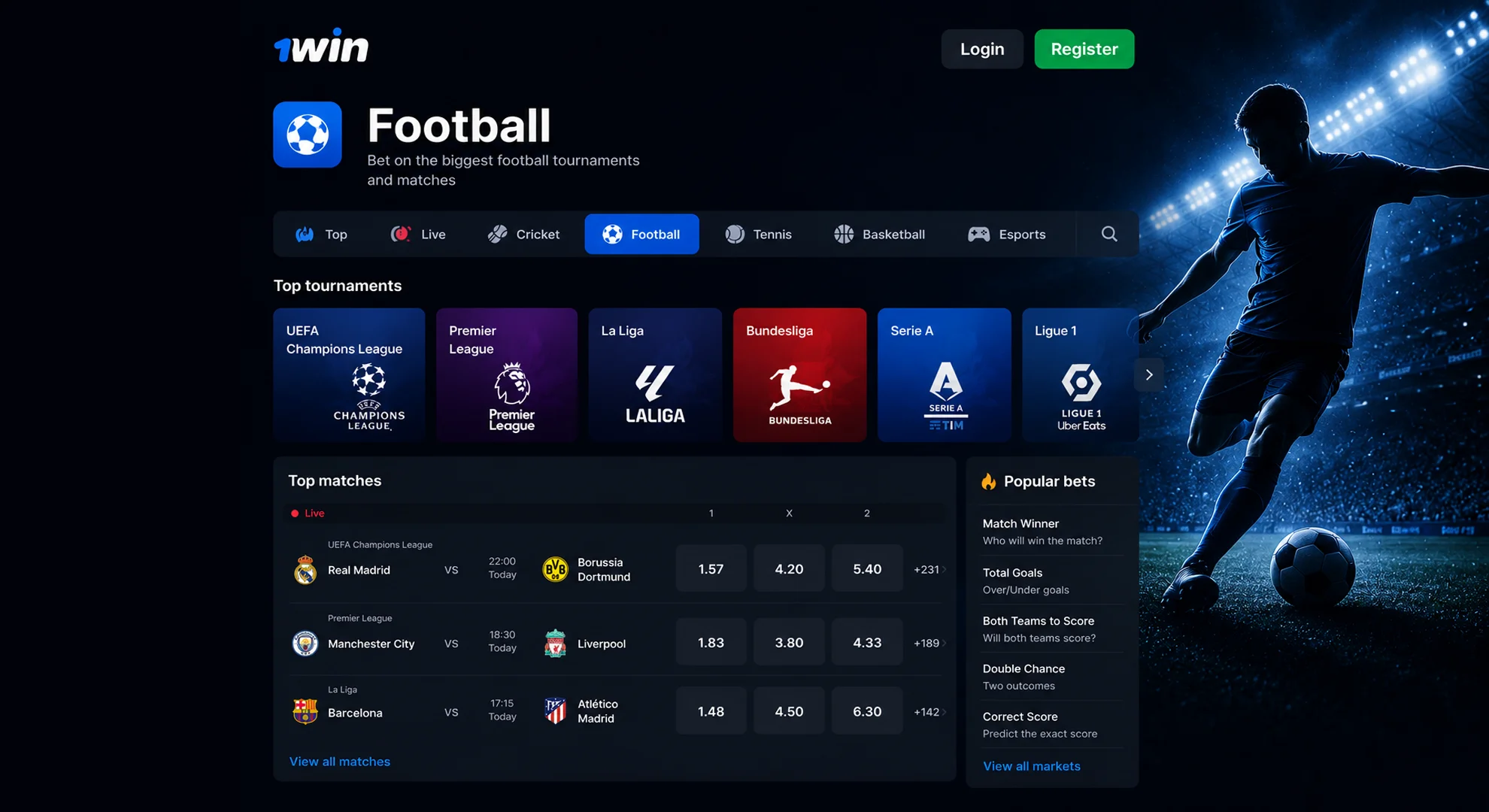 High odds for 1win Football bets.