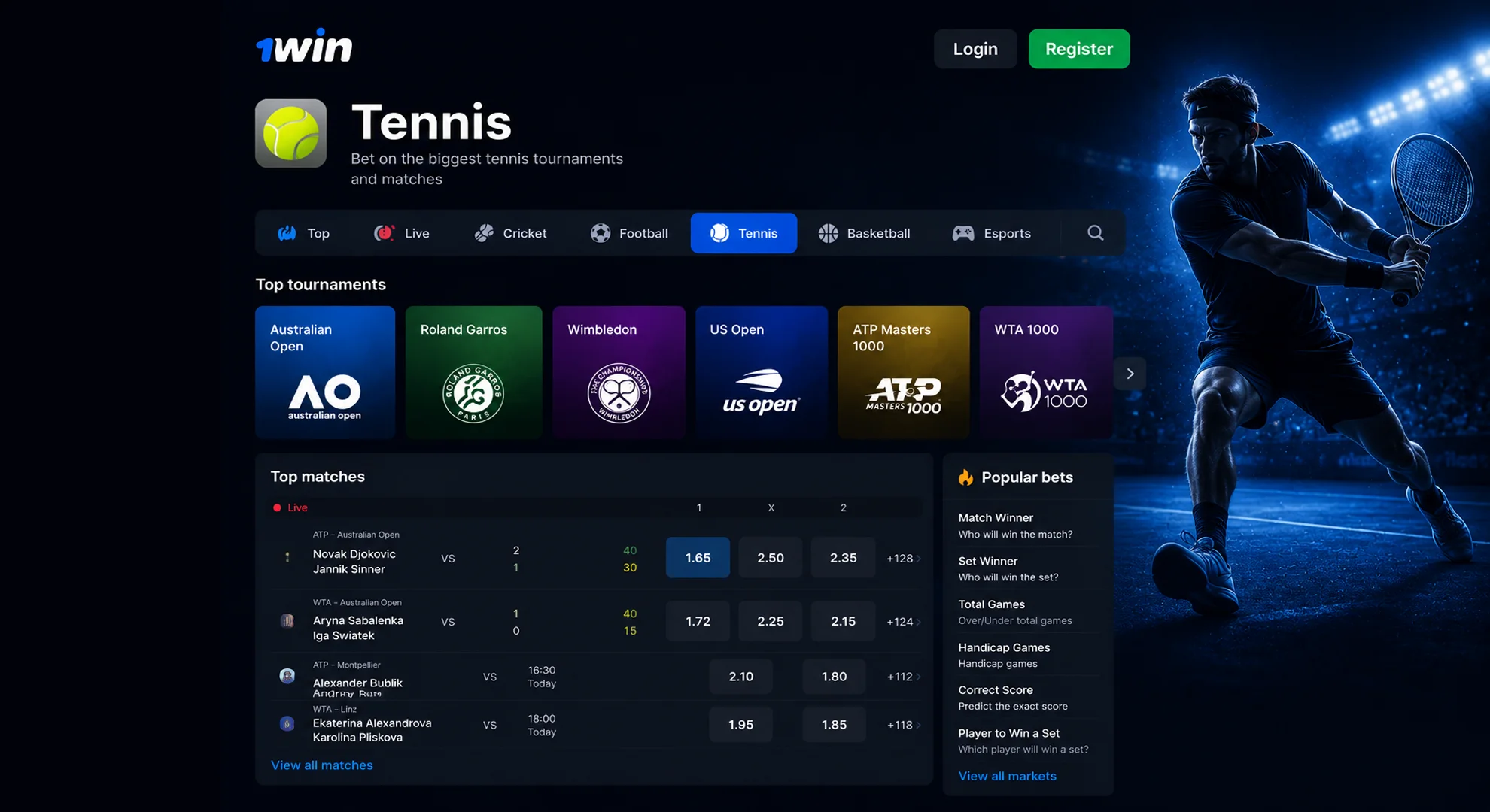 High odds for 1win Tennis bets.