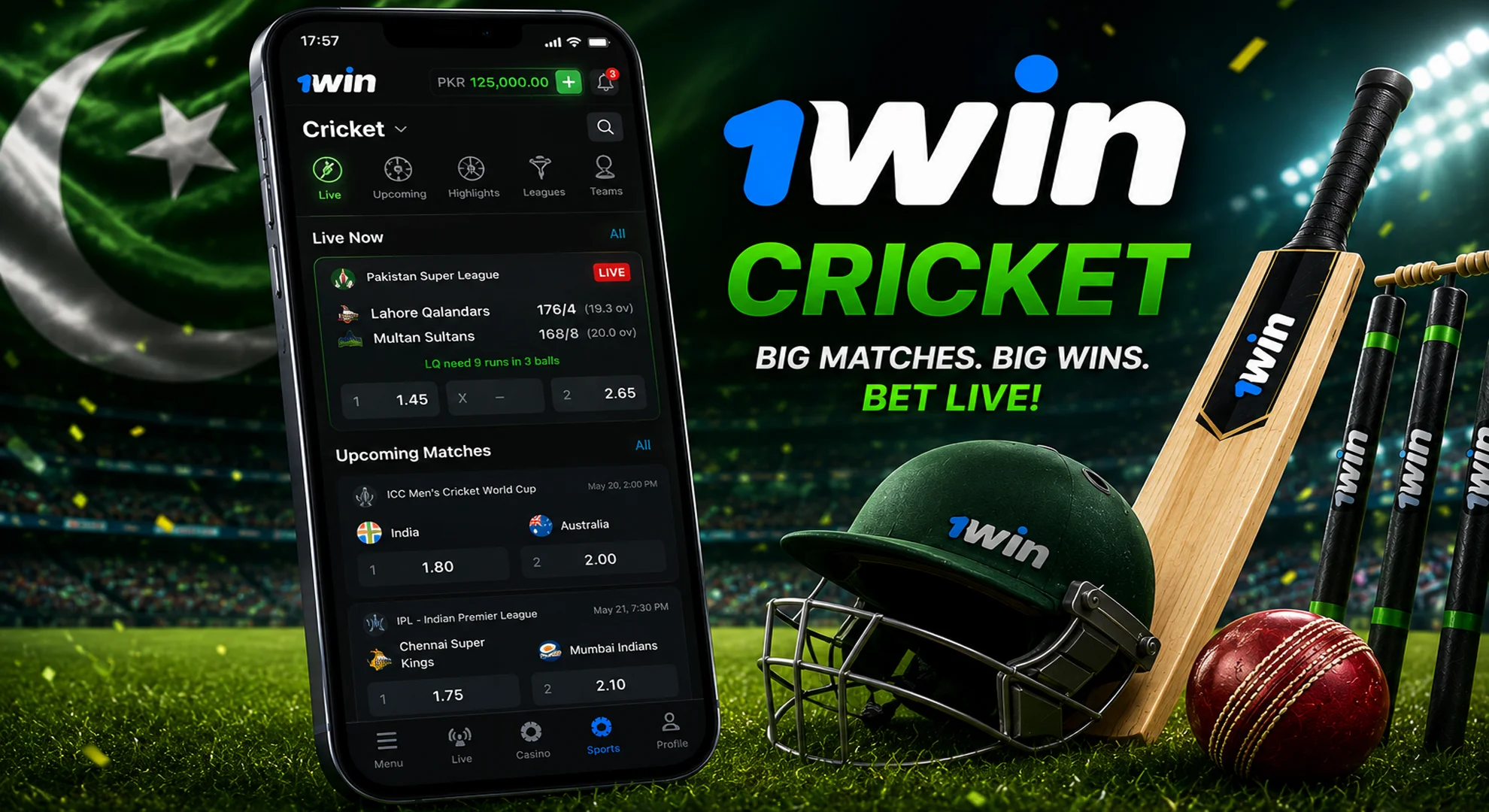 Bet on cricket via the 1win mobile app.