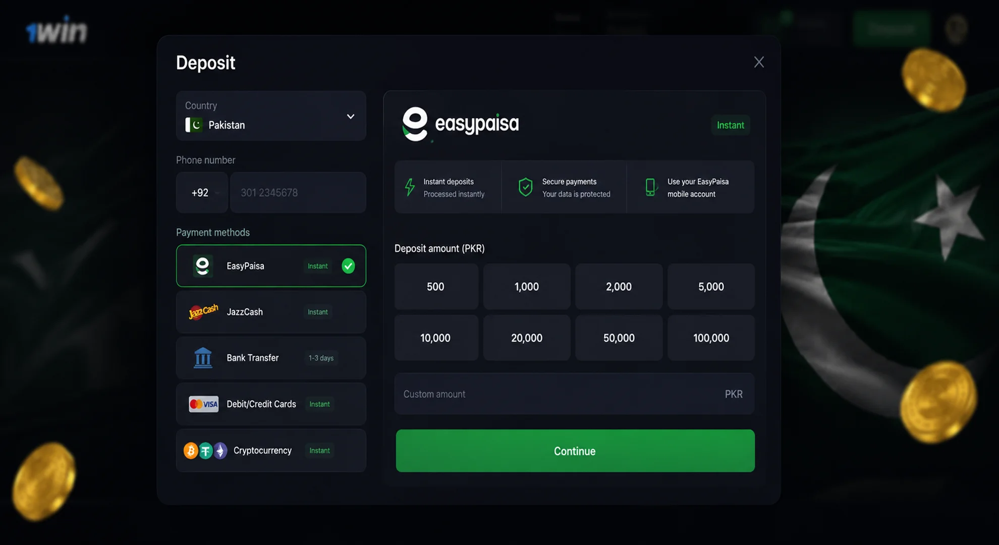 Select the 1win payment method.
