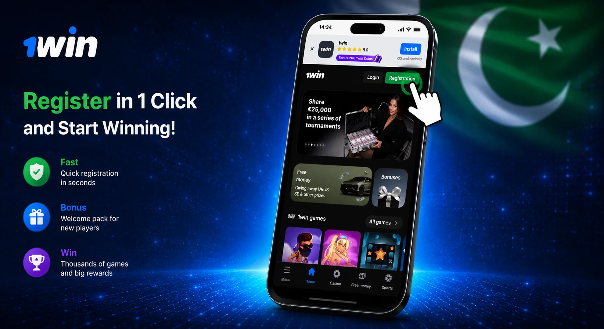Quick registration on the 1win app.