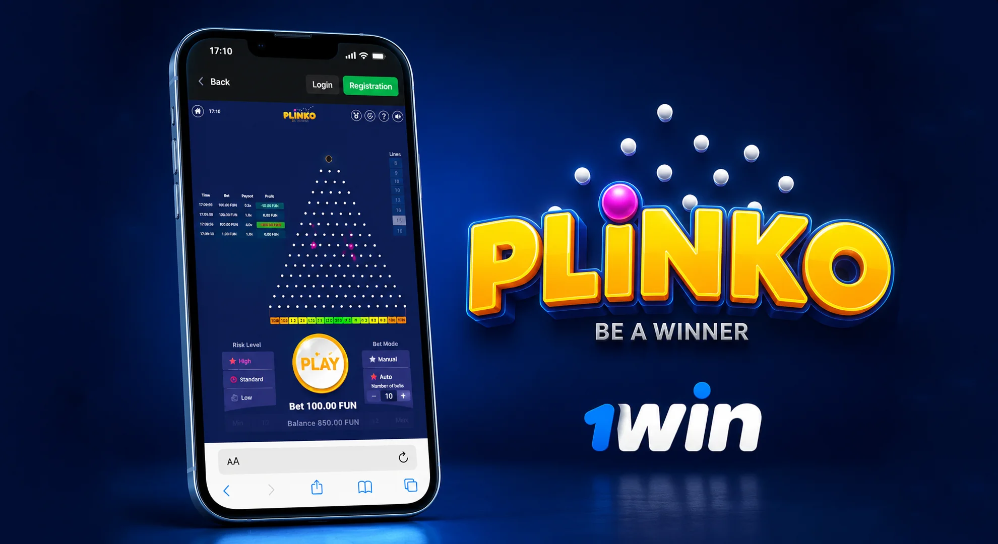 Play Plinko on the 1win app.