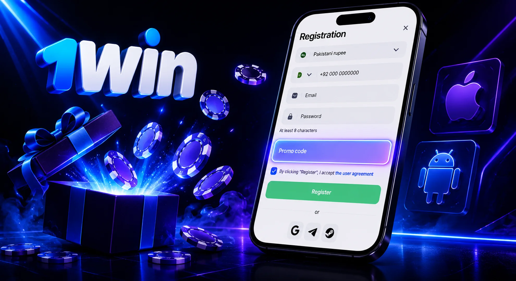Redeem your 1win bonus code.