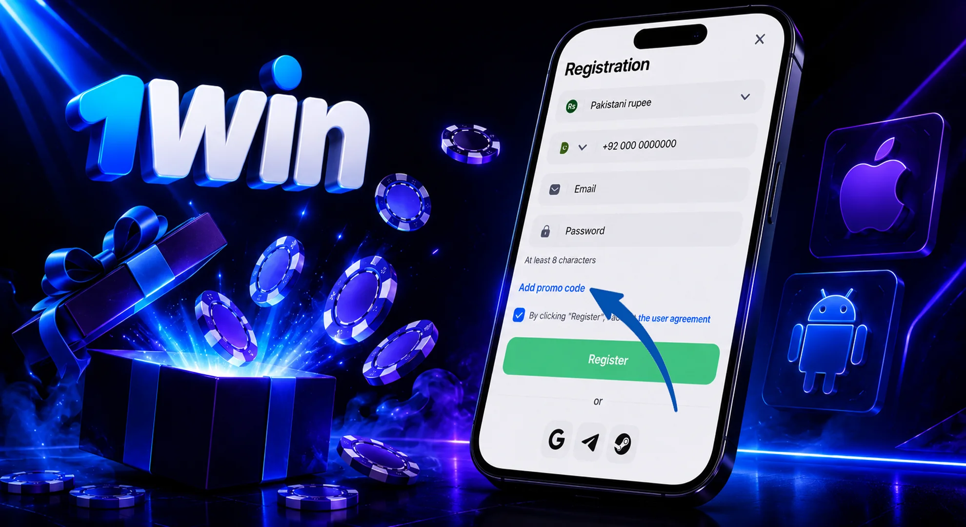 Go to the bonus codes section in your 1win profile.